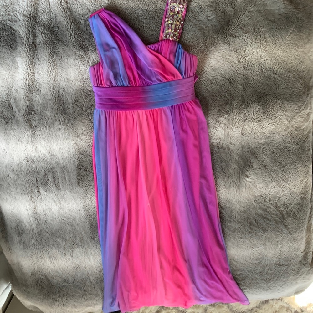 Pink, Blue, and Purple Long Dress w/ Gemstone Strap on the Right Shoulder